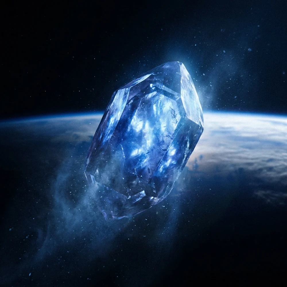 A glowing crystal rock floating in space